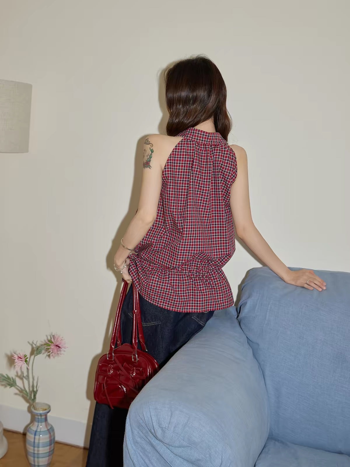 Chaochaojia Women's Red Plaid Halter-Neck Sleeveless Shirt – Summer Casual Loose-Fit Drawstring Off-Shoulder Top