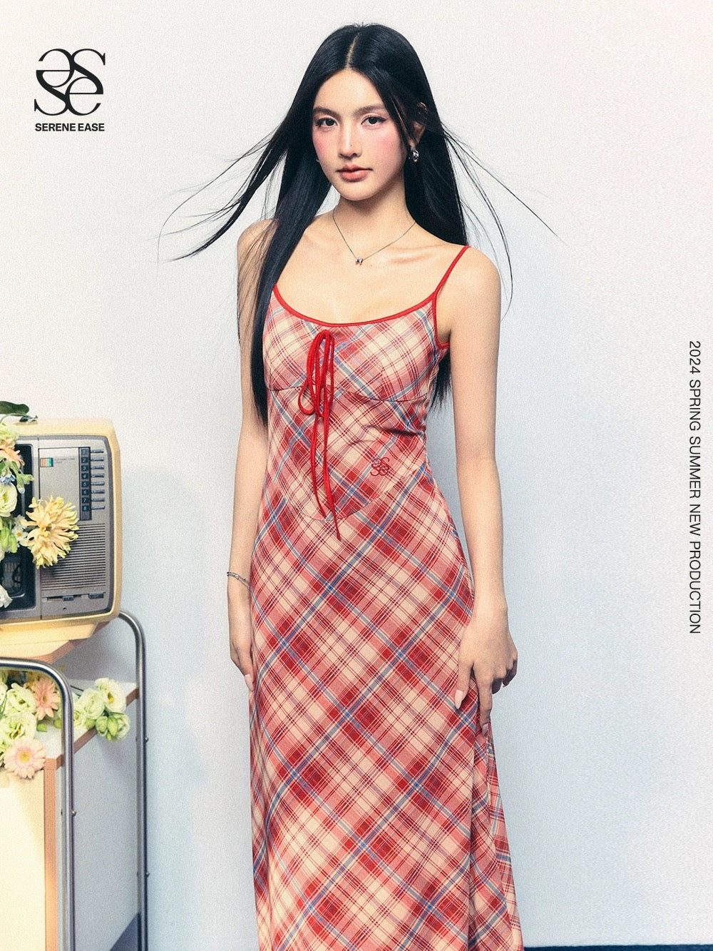SereneEase original design plaid mesh plaid skirt women's summer new style temperament waist exquisite long skirt