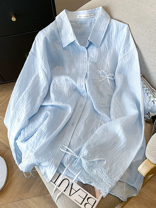 Self-retained style recommendation ~ Lace splicing ribbon sun protection shirt female 2025 summer thin loose coat top trend
