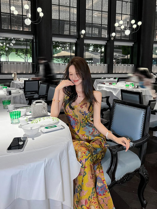 New Chinese style silk print dress for women, 2026 summer new style, elegant high-end sleeveless vest long dress