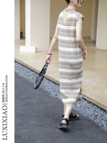 LUXIXIAO dress 2025 new loose straight POLO collar sleeveless Korean version striped knitted long skirt summer