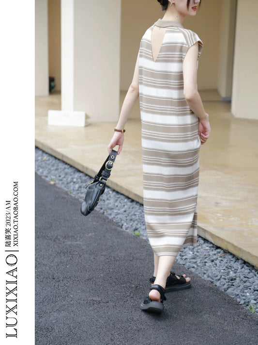 LUXIXIAO dress 2025 new loose straight POLO collar sleeveless Korean version striped knitted long skirt summer