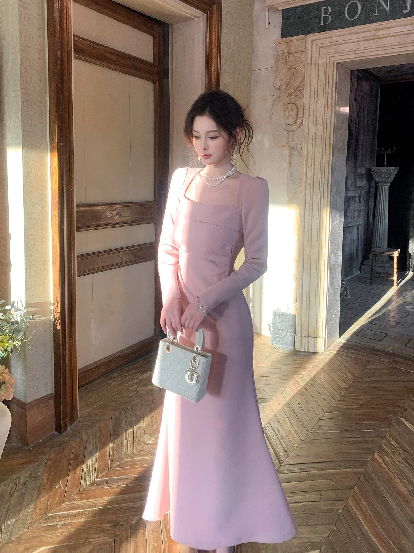 Good Job【Sweet Moon Goddess】French Pink Square Neck Elegant Dress Long Sleeve Bodycon Wedding Dress