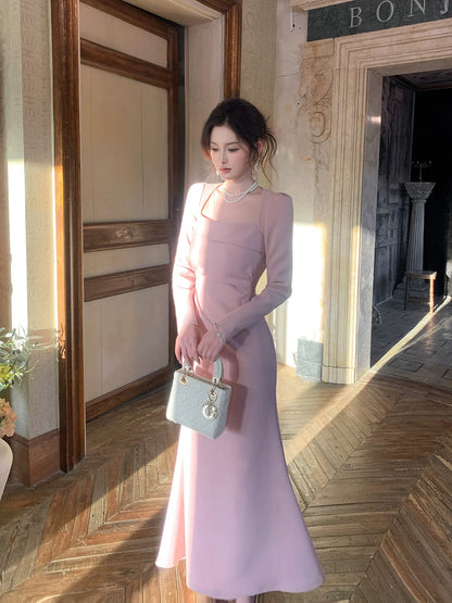 Good Job【Sweet Moon Goddess】French Pink Square Neck Elegant Dress Long Sleeve Bodycon Wedding Dress