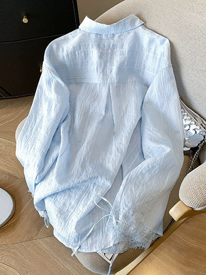 Self-retained style recommendation ~ Lace splicing ribbon sun protection shirt female 2025 summer thin loose coat top trend