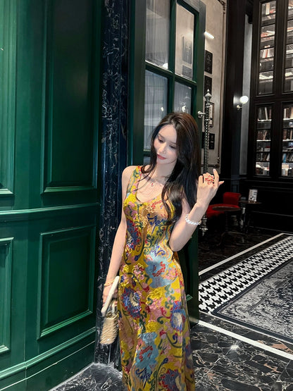 New Chinese style silk print dress for women, 2026 summer new style, elegant high-end sleeveless vest long dress