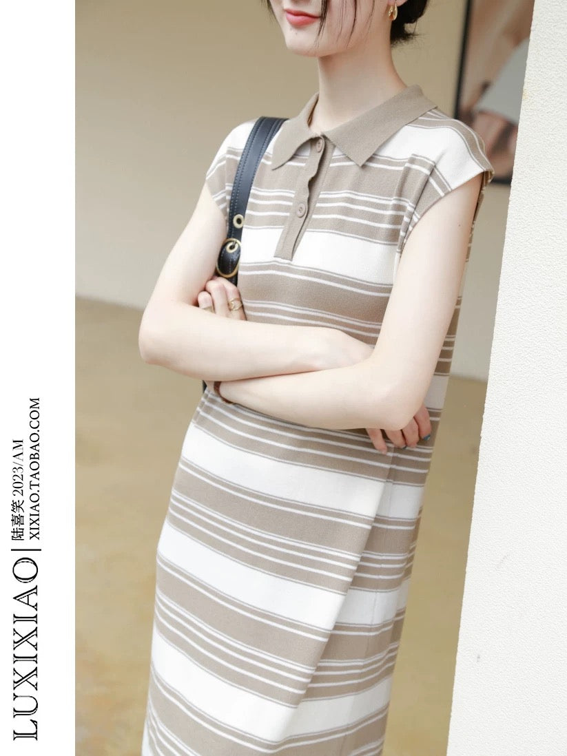 LUXIXIAO dress 2025 new loose straight POLO collar sleeveless Korean version striped knitted long skirt summer