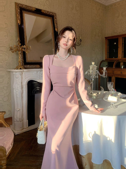 Good Job【Sweet Moon Goddess】French Pink Square Neck Elegant Dress Long Sleeve Bodycon Wedding Dress