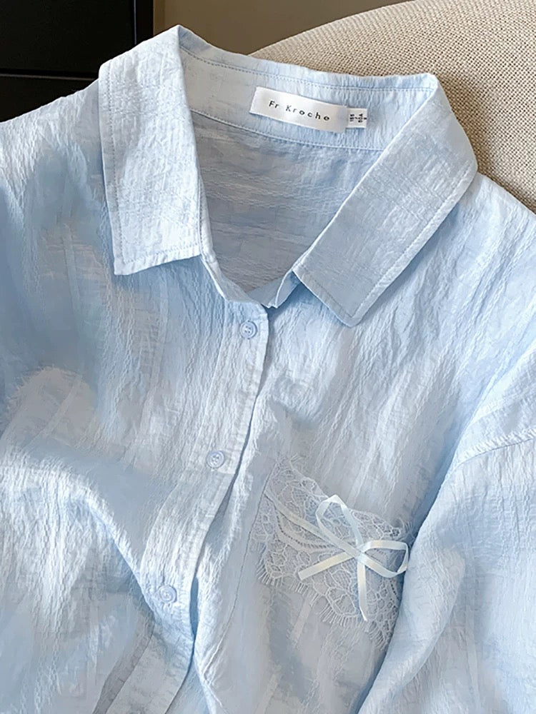 Self-retained style recommendation ~ Lace splicing ribbon sun protection shirt female 2025 summer thin loose coat top trend
