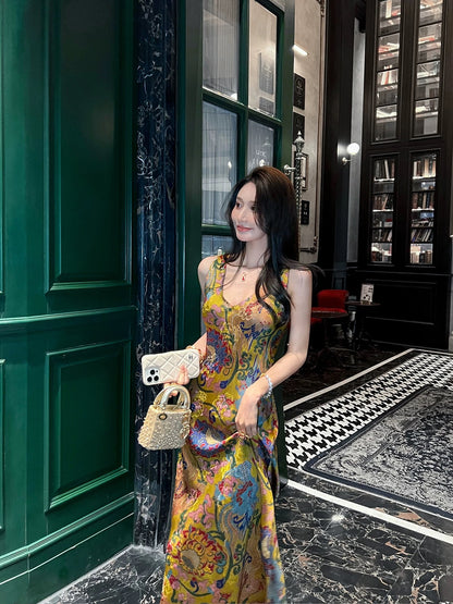 New Chinese style silk print dress for women, 2026 summer new style, elegant high-end sleeveless vest long dress
