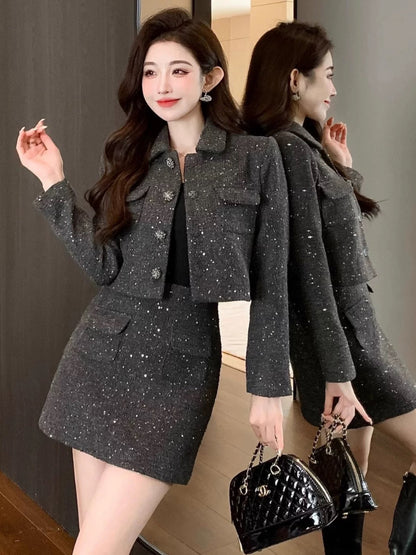 Shenzhen Nanyou European socialite temperament small fragrance two-piece set lapel versatile tweed jacket short skirt suit autumn