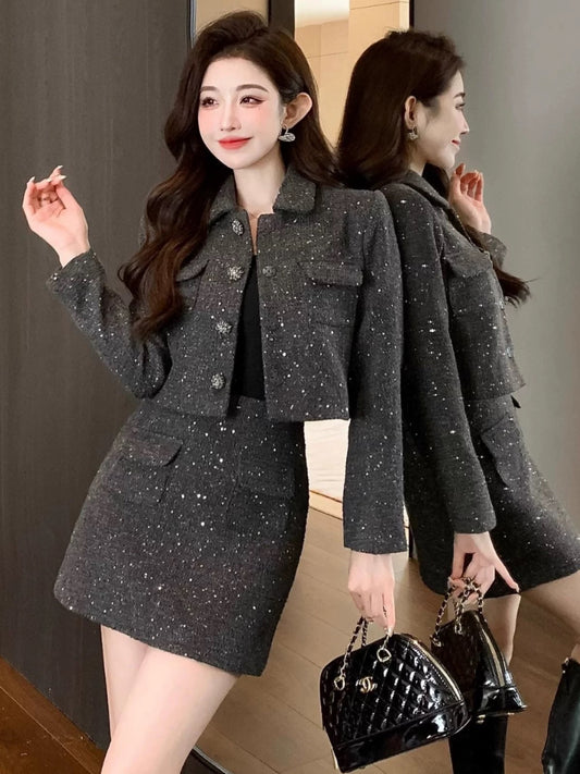 Shenzhen Nanyou European socialite temperament small fragrance two-piece set lapel versatile tweed jacket short skirt suit autumn