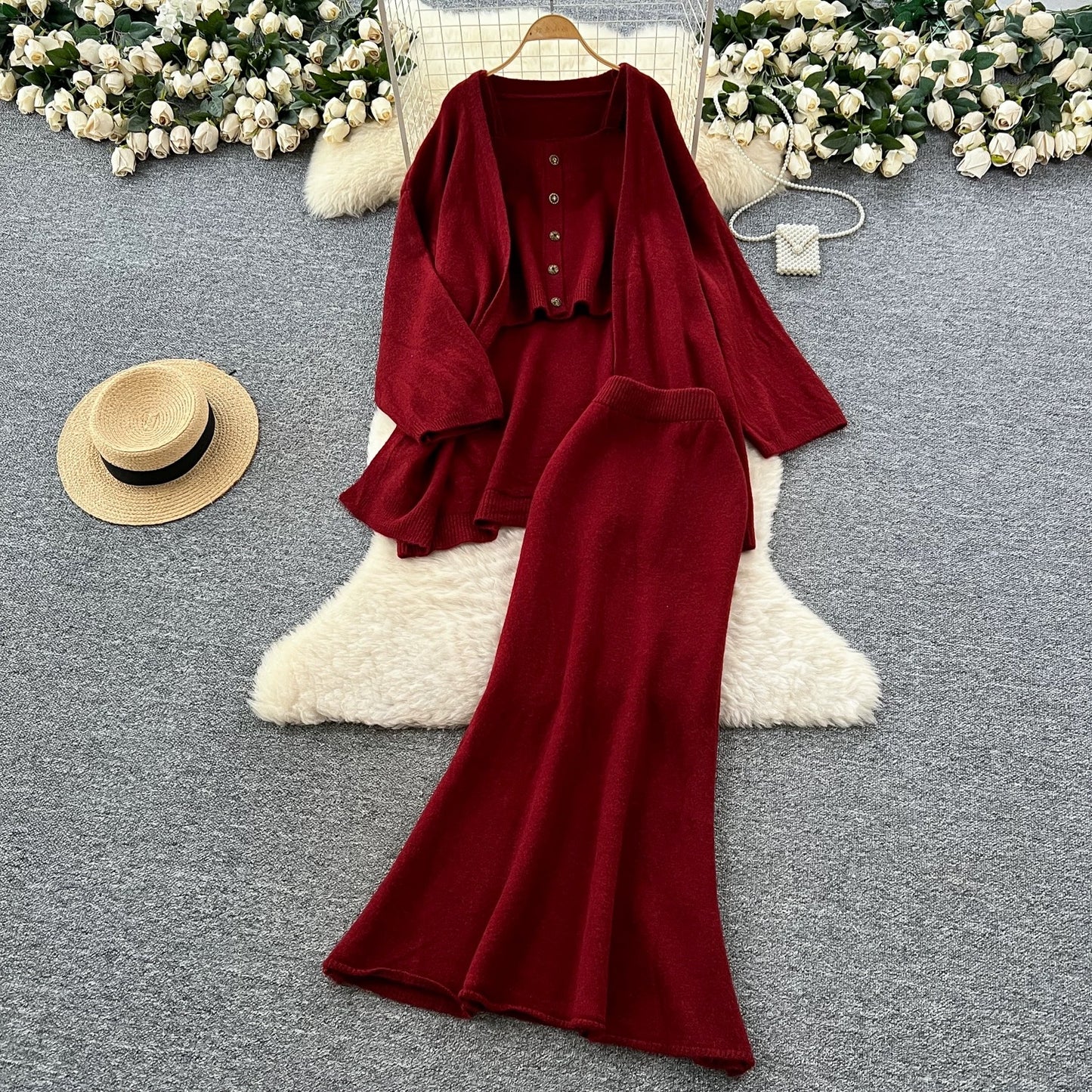 Lazy style casual suit for women in autumn, loose and versatile sleeveless square neck vest, loose outer wear knitted jacket and skirt