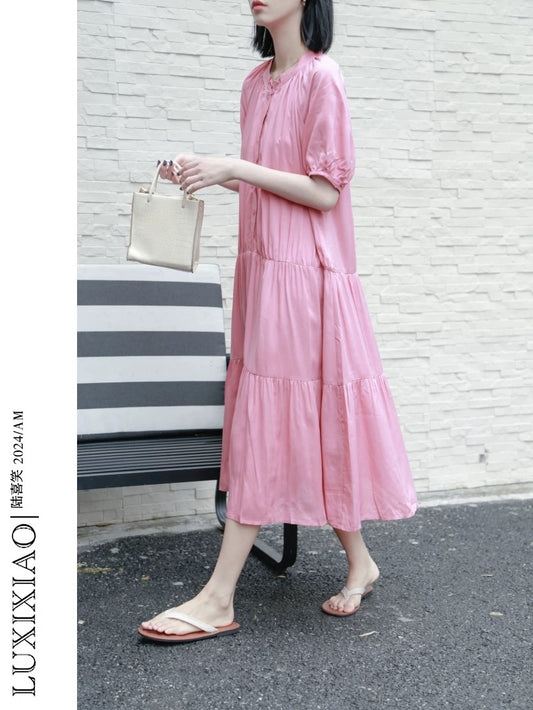 LUXIXIAO dress 2025 new loose round neck splicing pleated design Korean version short-sleeved shirt dress female