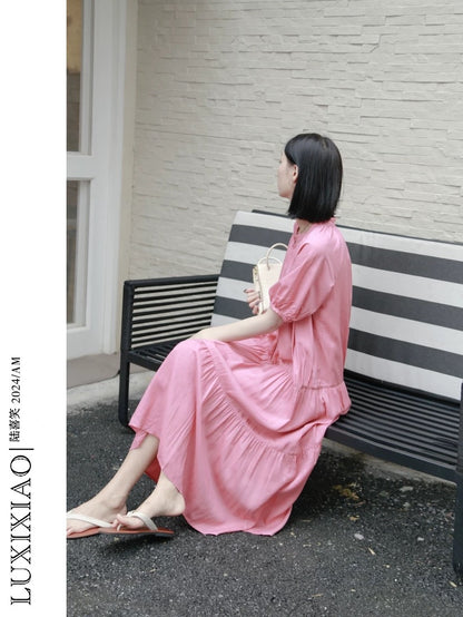 LUXIXIAO dress 2025 new loose round neck splicing pleated design Korean version short-sleeved shirt dress female