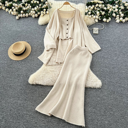 Lazy style casual suit for women in autumn, loose and versatile sleeveless square neck vest, loose outer wear knitted jacket and skirt