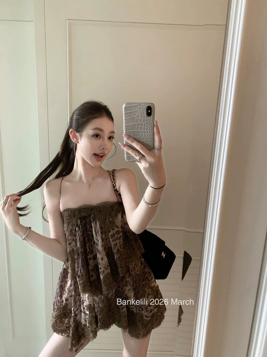 Chestnut Cocoa [Color Added] 'Film Mist' Lace Backless Halter Ruffle Dress Long Women's Summer Dress