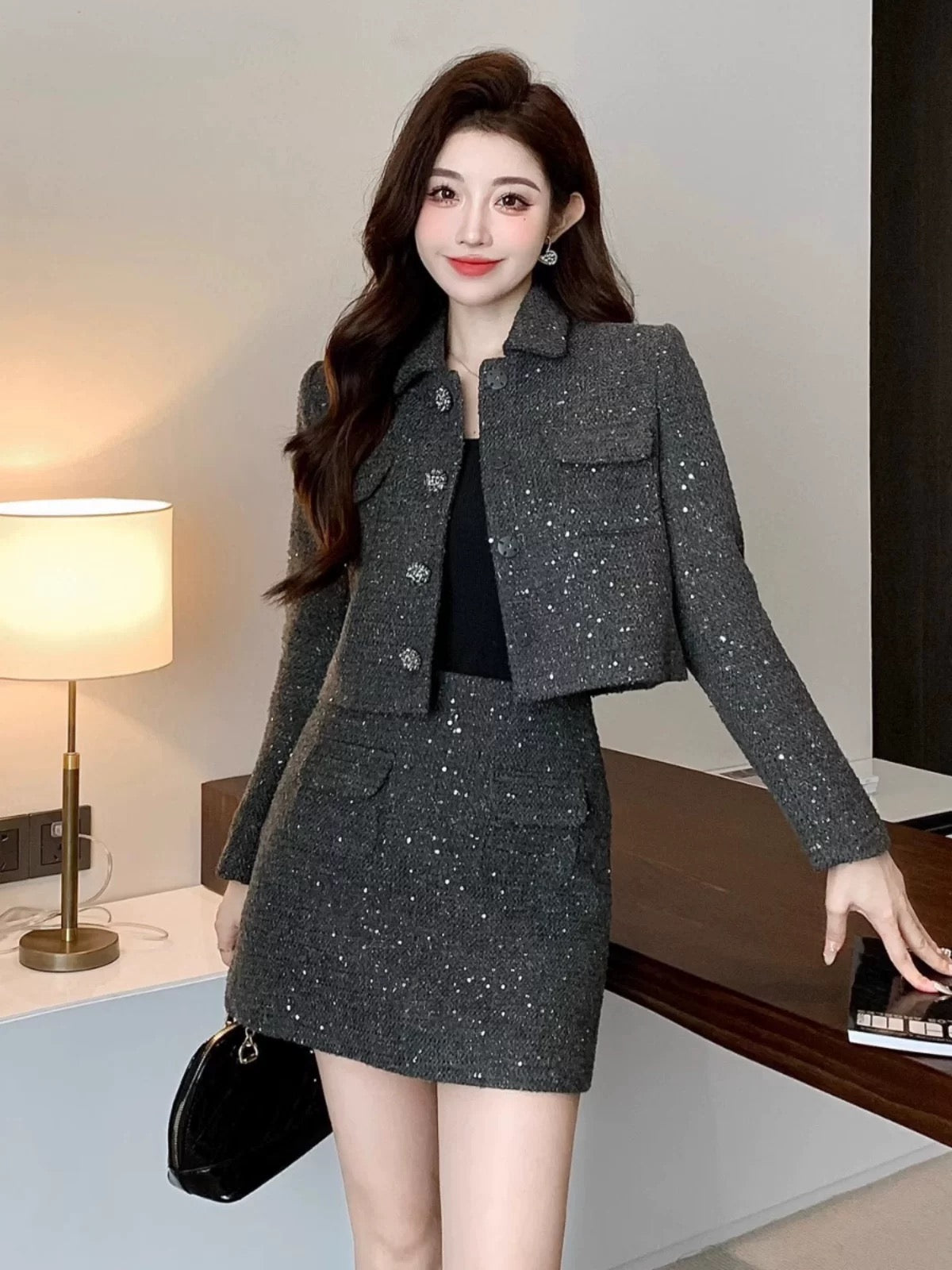 Shenzhen Nanyou European socialite temperament small fragrance two-piece set lapel versatile tweed jacket short skirt suit autumn