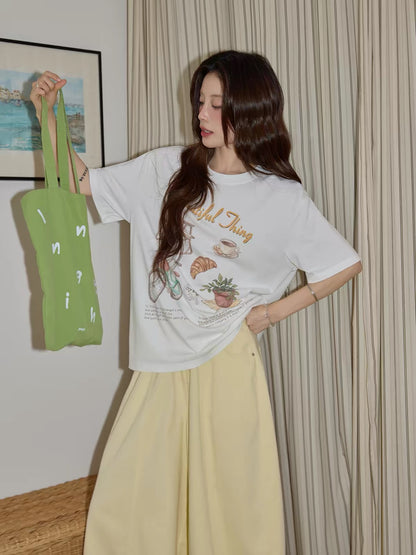 Chaochao's Women's White Pure Cotton Printed Short-Sleeve T-Shirt – Summer Casual Loose-Fit Crew Neck Top (Fresh & Casual Style)