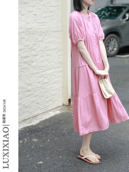 LUXIXIAO dress 2025 new loose round neck splicing pleated design Korean version short-sleeved shirt dress female