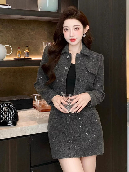 Shenzhen Nanyou European socialite temperament small fragrance two-piece set lapel versatile tweed jacket short skirt suit autumn