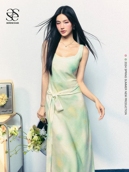 SereneEase French smudged suspender waist slimming dress Royal sister style high-end niche design long skirt