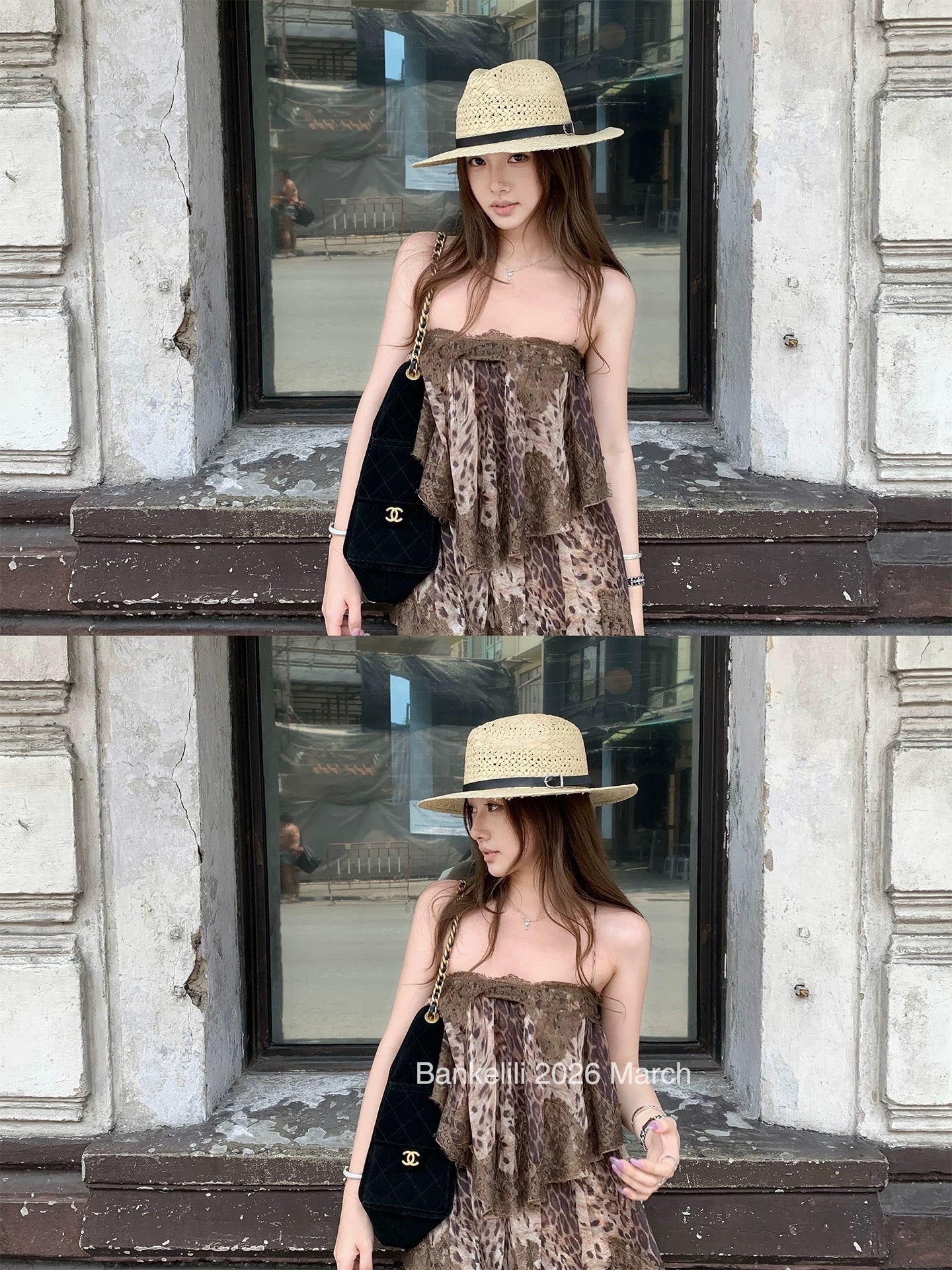 Chestnut Cocoa [Color Added] 'Film Mist' Lace Backless Halter Ruffle Dress Long Women's Summer Dress