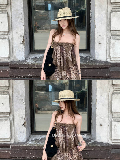Chestnut Cocoa [Color Added] 'Film Mist' Lace Backless Halter Ruffle Dress Long Women's Summer Dress