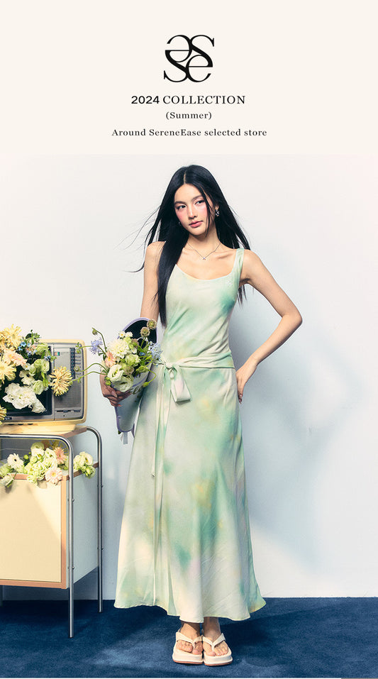 SereneEase French smudged suspender waist slimming dress Royal sister style high-end niche design long skirt