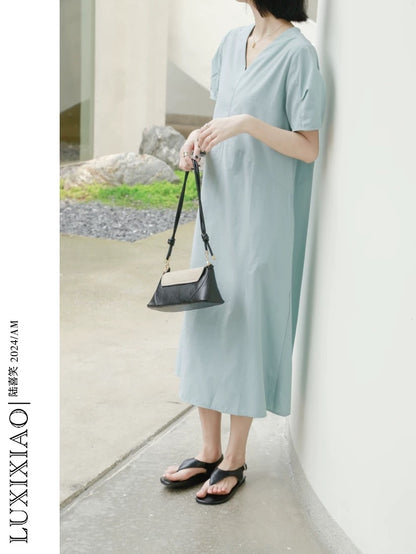 LUXIXIAO dress 2025 new loose slim puff sleeve design V-neck lazy style shirt dress for women