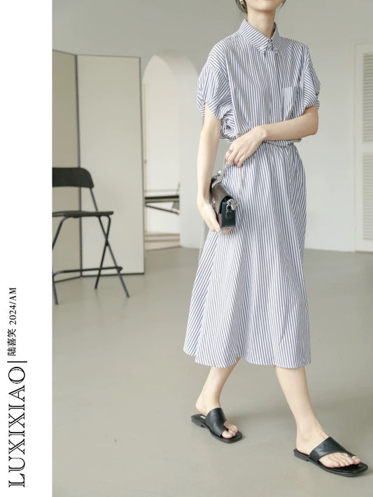 LUXIXIAO dress women's striped loose short-sleeved medium-length high-waist lapel A-line shirt dress 2025 new