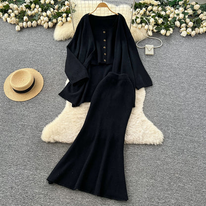 Lazy style casual suit for women in autumn, loose and versatile sleeveless square neck vest, loose outer wear knitted jacket and skirt
