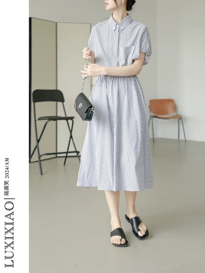 LUXIXIAO dress women's striped loose short-sleeved medium-length high-waist lapel A-line shirt dress 2025 new