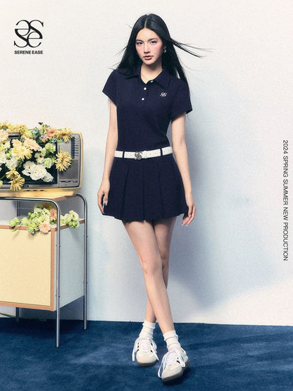 SereneEase original design summer simple polo collar short-sleeved dress women's fake two-piece pleated skirt