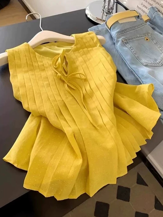 Recommended for self-retained items~ Korean style chic pleated lace-up sleeveless shirt for women in summer yellow polka dot vest top trend