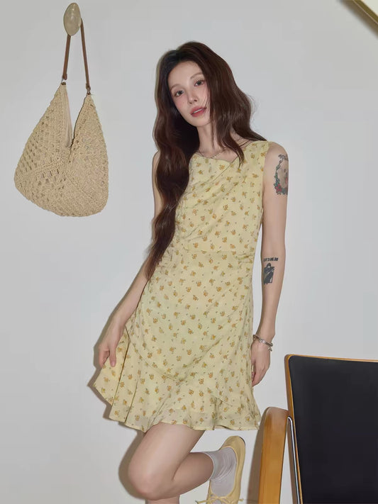 Chaochao's Yellow Floral Cowl-Neck Sleeveless A-Line Mini Dress with Asymmetrical Ruffles