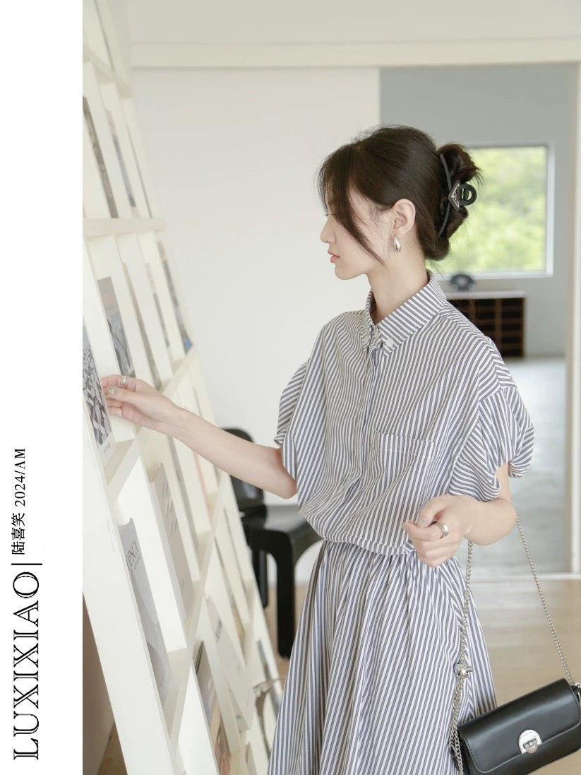 LUXIXIAO dress women's striped loose short-sleeved medium-length high-waist lapel A-line shirt dress 2025 new