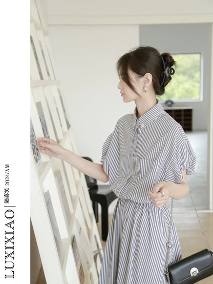 LUXIXIAO dress women's striped loose short-sleeved medium-length high-waist lapel A-line shirt dress 2025 new