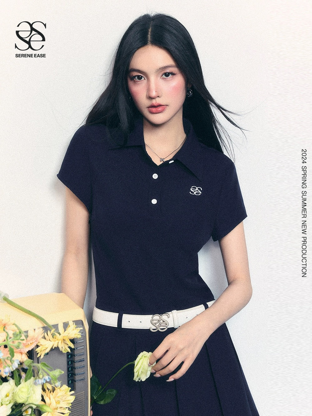 SereneEase original design summer simple polo collar short-sleeved dress women's fake two-piece pleated skirt