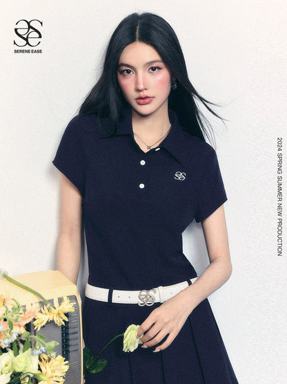 SereneEase original design summer simple polo collar short-sleeved dress women's fake two-piece pleated skirt