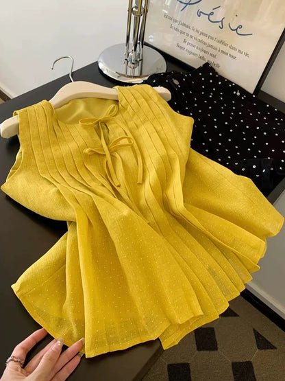 Recommended for self-retained items~ Korean style chic pleated lace-up sleeveless shirt for women in summer yellow polka dot vest top trend