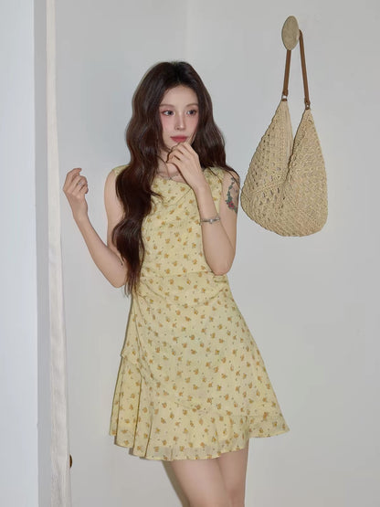 Chaochao's Yellow Floral Cowl-Neck Sleeveless A-Line Mini Dress with Asymmetrical Ruffles