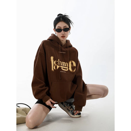 ICH MODE blurred letter design American retro hooded sweatshirt women's spring and autumn high street pullover spring and autumn top