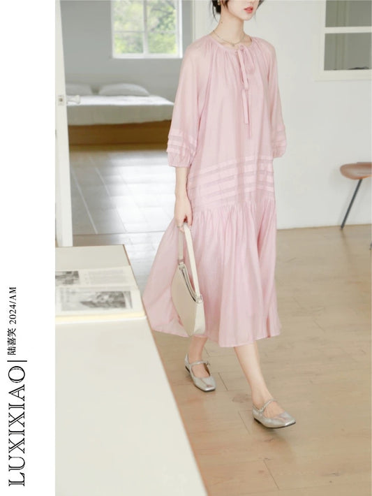 LUXIXIAO dress 2025 new loose slim round neck design summer Korean version of three-quarter sleeve princess dress