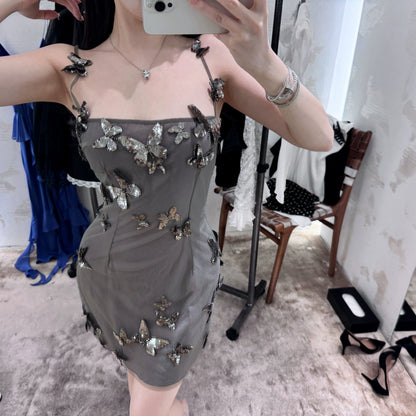 woppei [Zhuang Zhou Mengdie] blu* heavy industry three-dimensional butterfly off-shoulder slim hip-covering short suspender dress