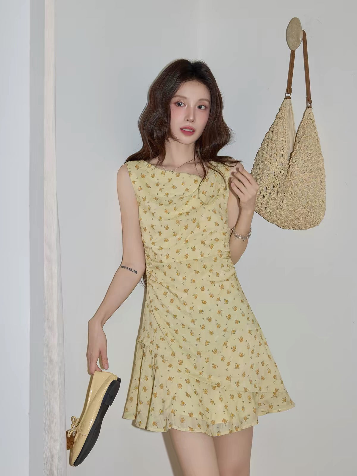 Chaochao's Yellow Floral Cowl-Neck Sleeveless A-Line Mini Dress with Asymmetrical Ruffles