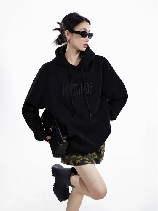 ICH MODE 400G embroidered letters heavy texture hooded sweatshirt American retro loose versatile top for women