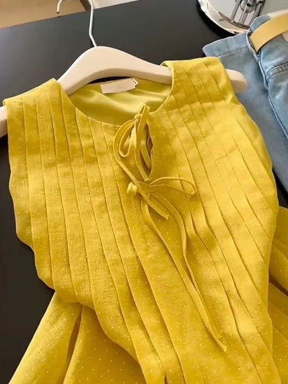 Recommended for self-retained items~ Korean style chic pleated lace-up sleeveless shirt for women in summer yellow polka dot vest top trend