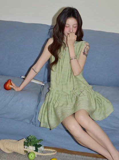 Chaochao's Forest-Style Green Sleeveless Dress with Tie-Detail – Summer 2026 Fresh, Casual, Loose-Fit Mini Dress with Lettuce-Edge Trim