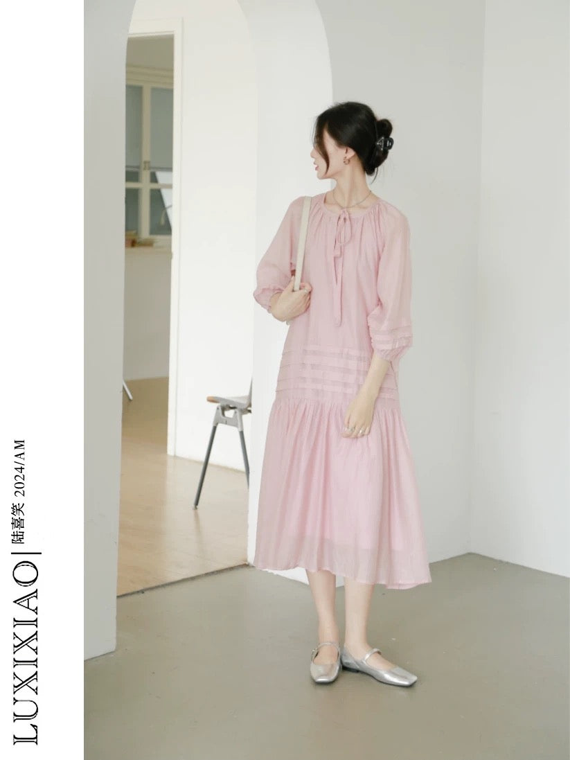 LUXIXIAO dress 2025 new loose slim round neck design summer Korean version of three-quarter sleeve princess dress